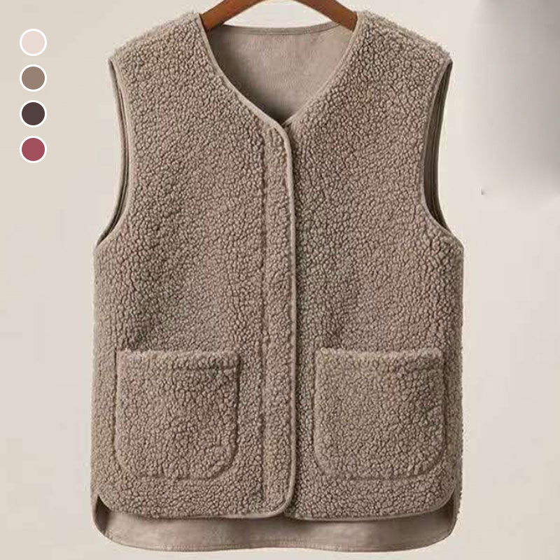 Ladies Faux Sherpa Sleeveless V-Neck Vest