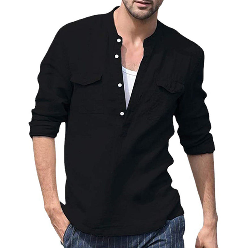 Men's Linen Casual Long Sleeve Solid Color Shirt